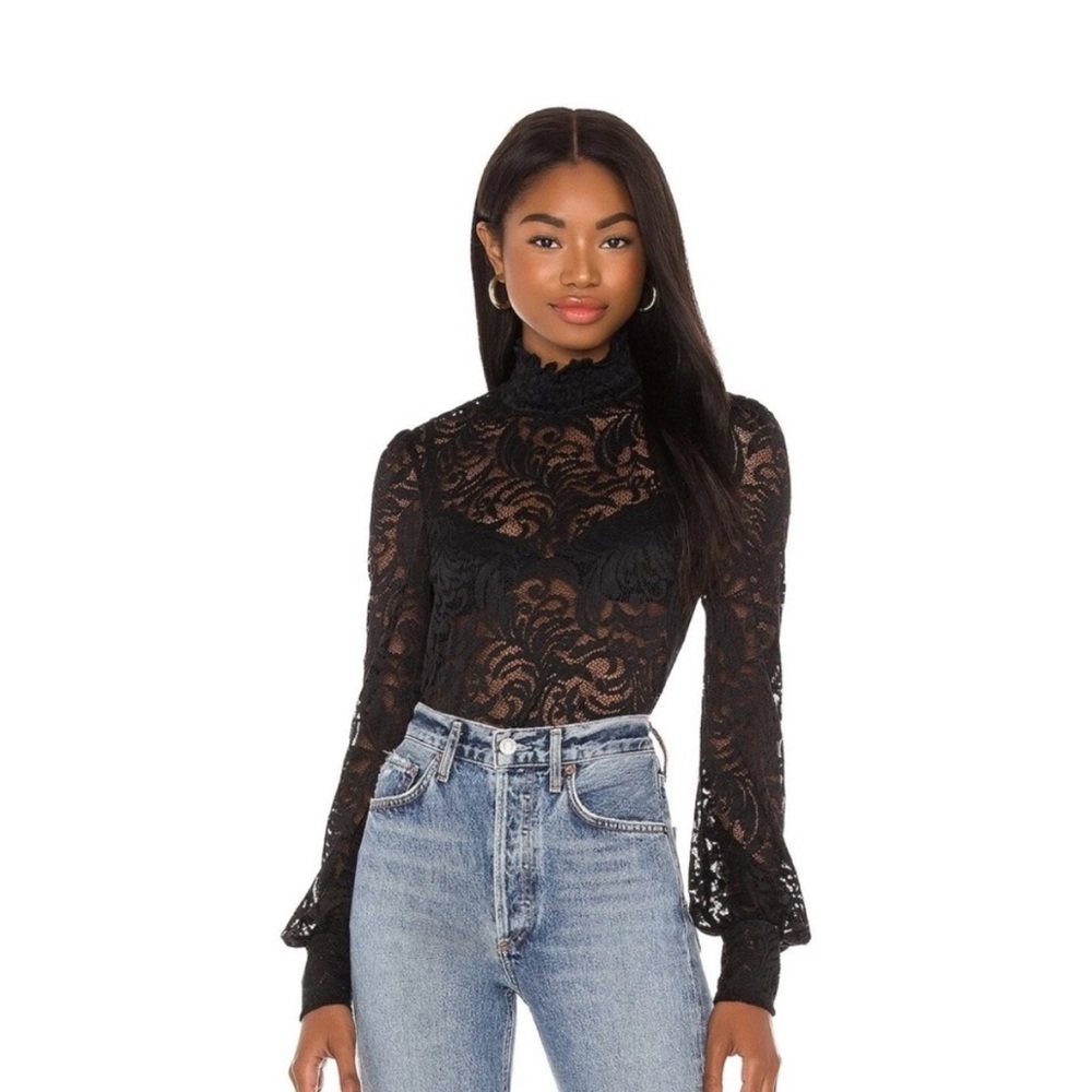 L'AGENCE Samara Lace Turtleneck Top Black Size S